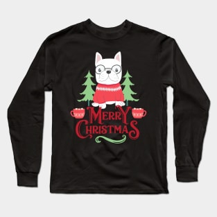 Cute French Bulldog And Christmas Tree Long Sleeve T-Shirt